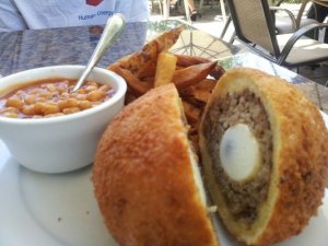 The Delicious Scotch Egg! A Boiled Egg surrounded by sausage and then fried!